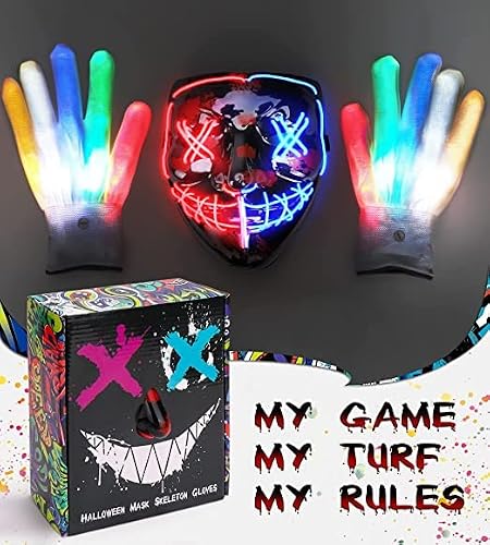 Stonch Halloween Mask Skeleton Gloves Set, 3 Modes Light Up Scary Led Mask With Led Glow Gloves, Halloween Decorations Anonymous Mask, Halloween Costumes Glow Purge Masks ​Gift For Boys Girls #TOP1