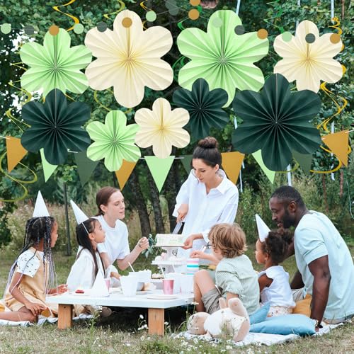 Image of Sage Green Birthday Decoration Green Plant Party Decorations Set | with Hanging Paper Flowers Tassel Garland and Swirls Sage Green Party Decoration for Women Girls Classroom Party Decor