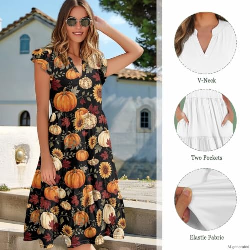 Image of Women's Casual Ruffle Sleeve Dress V Neck Pullover Dress Flowy A-Line Pleated Lightweight Dress with Pockets