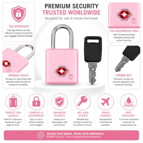 Image of QUIRA TSA Approved Travel Padlock with Key, Luggage Lock for Suitcase, Backpack, Locker & Travel Bags, Heavy Duty Security Lock (Pink)