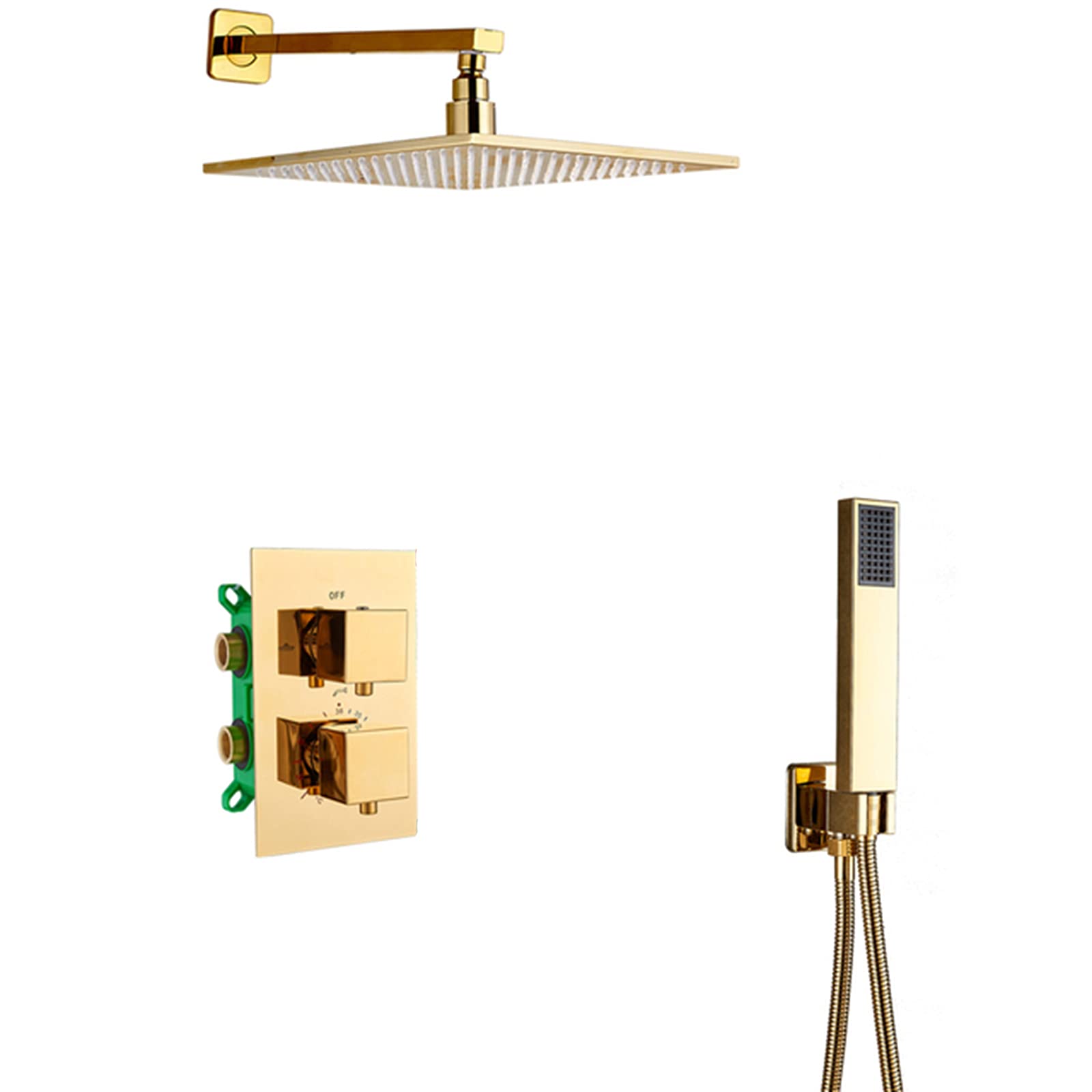 NGDFGR 2 Functions Rain Mixer Shower With Thermostatic, Brass Bathroom Shower Faucet Set With Rain Shower Head, Handheld Shower, Embedded Box,12In,size_name-8inch