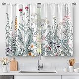 Aimego Flower Leaves Kitchen Curtains - Dark Green Floral Spring Rustic Plant Botanical Cafe Farmhouse Small Short Curtains for Bathroom RV Rod Pocket Window Drapes 36 Inch Length 2 Panels Set