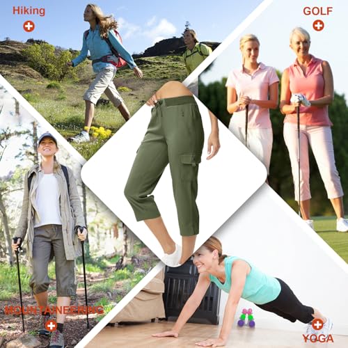 donhobo Womens Cargo Hiking Walking Trousers,Capri Cropped Shorts Trouser Women,Ladies Lightweight Summer 3/4 Length Pants Elasticated Waist Short Quick Dry with 4 Pockets Green L - Image 7