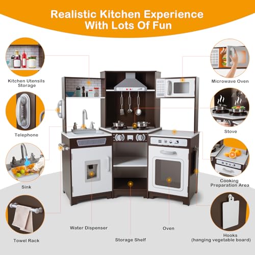 JOYLDIAS Kids Play Kitchen,Corner Wooden Pretend Toddler Kitchen Toys Playset with Realistic Lights & Sounds,Microwave Oven,Water Dispenser, Phone, Sink,Cooking Accessories, for Ages 3+, Brown - Thumbnail 3