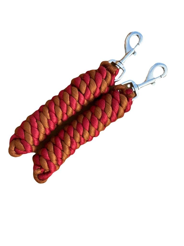Cotton Lead Rope for Horse, 2 Metres, Replaceable Robust Trigger Clip, Pack of 2 (Wine Red/Brown)