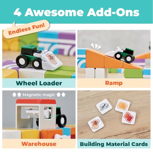 Image of QBI Magnetic Blocks Ages 3+, Wheel Loader & Magnetic Construction Toy Set | 3D Magnetic Track Cubes, Safe ABS Material, 3 Level Shovel, Pretend Play Job Site, Montessori STEM Learning, Birthday Gift