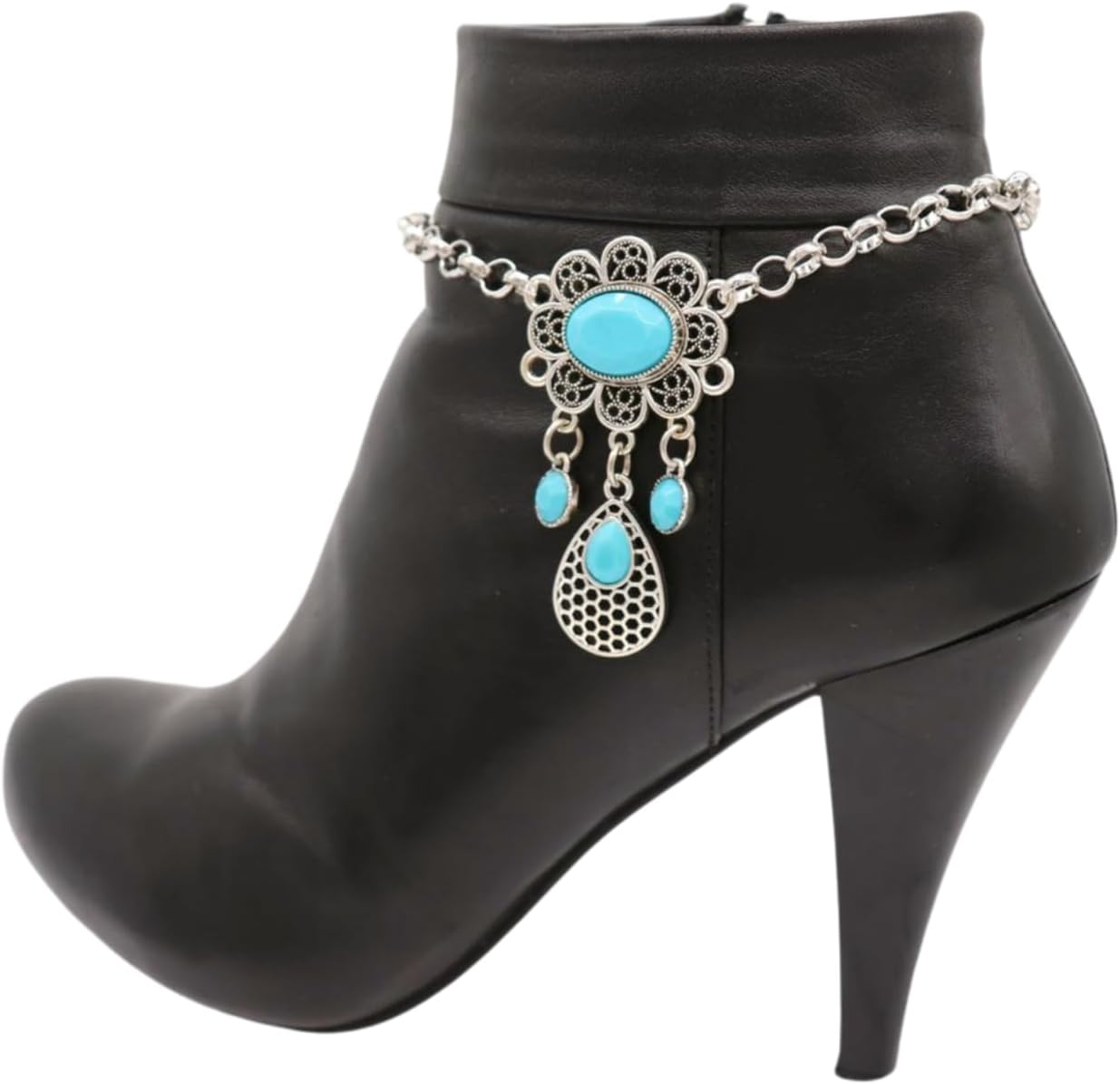 Trendy Fashion Jewelry Women 2PCS Boot Bracelet Western Silver Metal Chain Shoe Turquoise Blue Beads Flower Charm Anklet Handmade In USA BC290