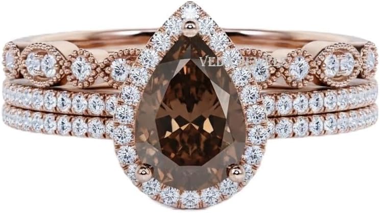 Pear Cut Brown Diamond Bridal Set 3-Piece Stackable Halo Engagement Ring Vintage Scalloped Milgrain Chocolate CZ Wedding Bands for Women