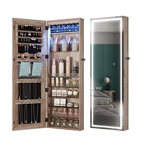 HNEBC LED Light Jewelry Organizer Mirror 360° Rotating, Jewelry Armoire with Door Mirror, Full Length Mirror Jewelry Cabinet, Mirror with Jewelry Storage, Large Jewelry Boxes & Organizers（B_