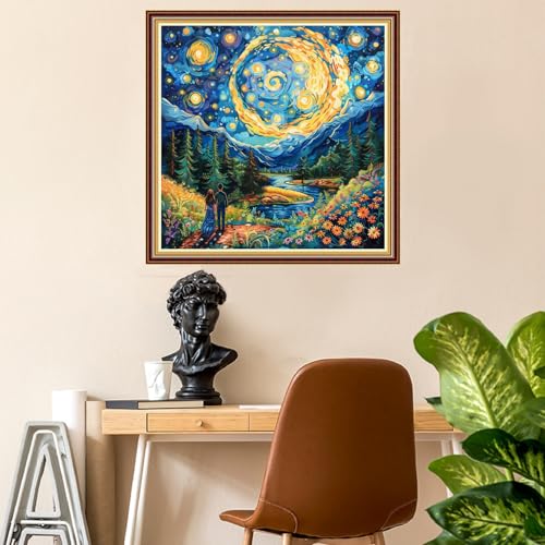 Image of Fanxvivy Stamped Counted Cross Stitch Kits for Adults Printed Cross-Stitch Patterns 11CT Stamped or Counted Cross Stitching Embroidery Kit Needlepoint Kits-Van Gogh Couple Under Starry Sky 18x18 inch