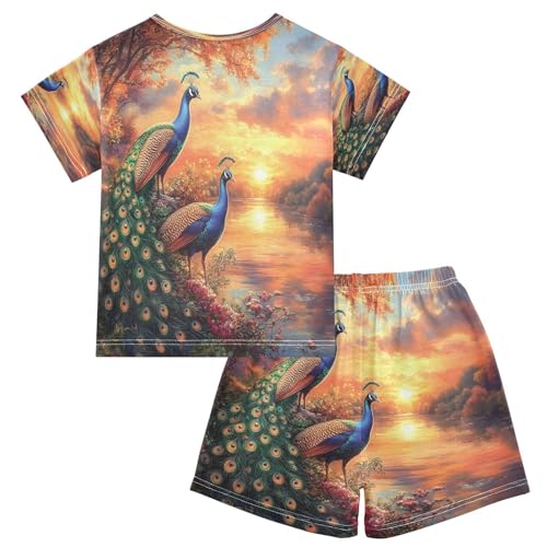 ALAZA Peacock Sunset Leaf Pajamas Set Short Sleeve Cotton Sleepwear Summer Pjs 2 Piece 5-14Y2