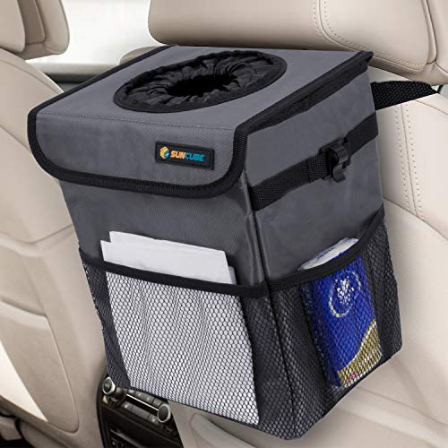 SUN CUBE Car Trash Can with Lid, Mesh Pockets | Waterproof Car Garbage Can Hanging | Auto Trash Bin Leak-Proof, Garbage Bag Organizer for Headrest, Console, Truck (Dark Gray)