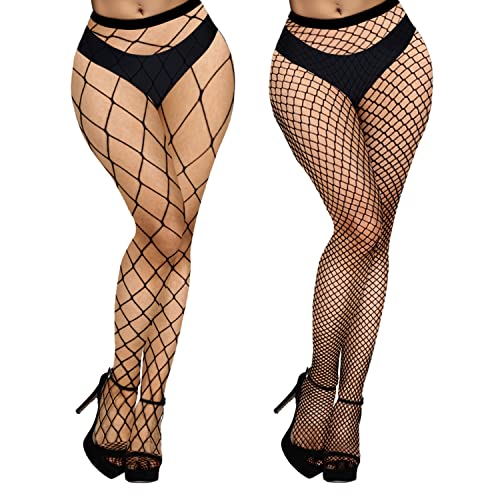 Benefeet Sox Womens Black Fishnets High Waist Fishnet Tights Black Halloween Fishnet Stockings Sexy Mesh Thigh High Pantyhose Hollow Out Fashion Fish Nets Tights 2 Pack - Black, Large & Small Grid