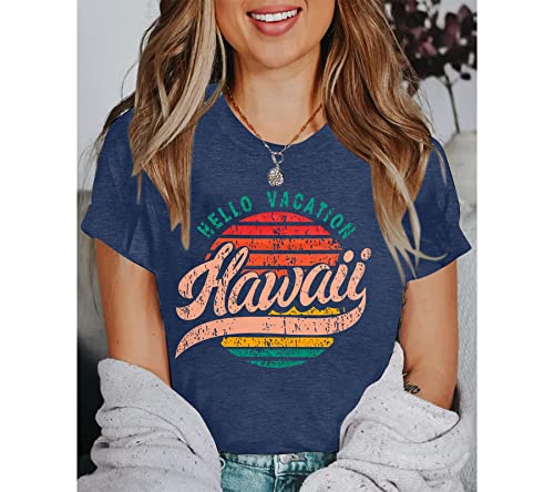 Hawaii Shirts For Women Hello Vacation Hawaiian T Shirts Vintage Beach Shirt Summer Short Sleeves Top Blue #TOP2
