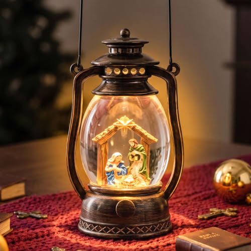 Christmas Snow Globe Lantern Retro Hurricane Water Lantern with 3D Nativity