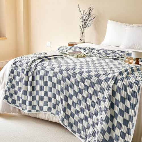 Image of SANACYNA 100% Cotton Muslin Blanket 6-Layer Gauze Blue Checkerboard Blanket Lightweight Soft and Breathable Swaddle Blanket for Crib Couch Bed Keep Warm (Blue Checker, Baby 30 inchx40 inch)