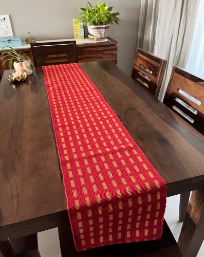 Image of Rangbhar Handloom Ribbed Cotton Table Runner for Living /Dining Room /Home Decor, Anti Skid, Reversible, Machine Washable, 12 X 72 inches, Striped, Red