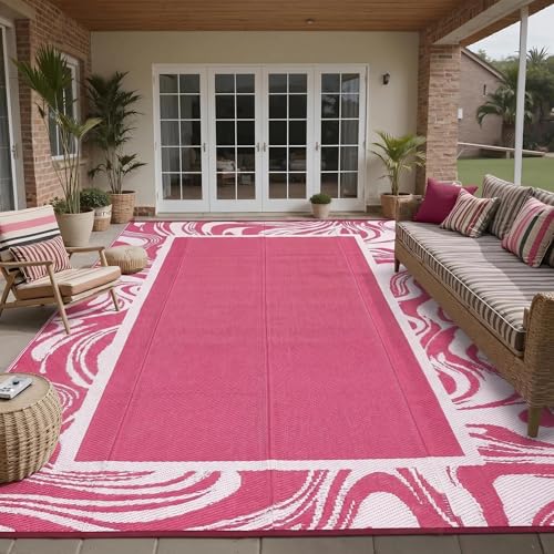 Garvee 5x8 Pink Waterproof Outdoor Rug Reversible Quick Dry Weather Resistant Plastic Straw Patio Rug for Deck Porch RV Camping Balcony Beach Foldable Outdoor Carpet Easy to Clean Pink White