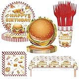 Slynxr 121PCS BBQ Birthday Party Supplies Fast Food Hamburger Sausage Decorations with Burger Plates and Napkins Tablecloth, Cups, Forks, Napkins, Great for BBQ Decorations Party Serves 24