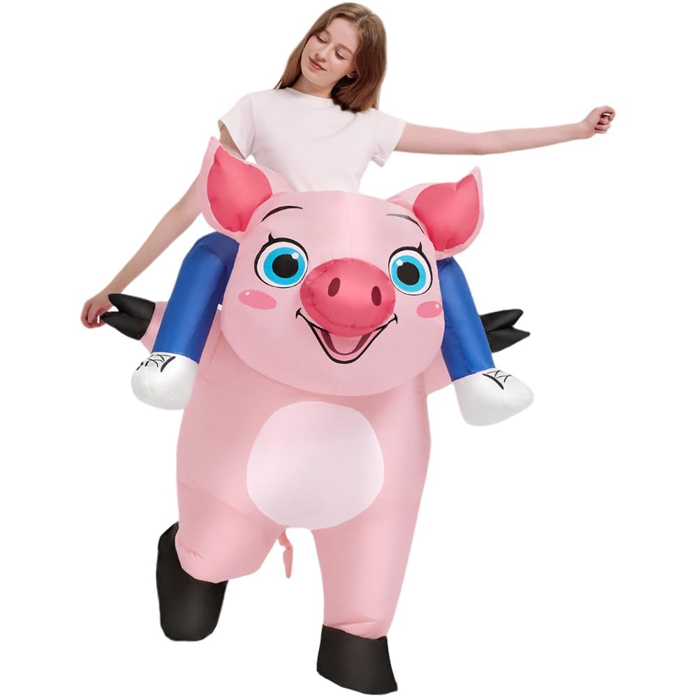 JASHKE Costume Cochon Chevaucher Gonflable Deguisement Cochon Gonflables | Costume Gonflable de Cochon pour Adulte Chevauche un Cochon Rose Deguisement Gonflable Rigolos Halloween Noël Carnaval