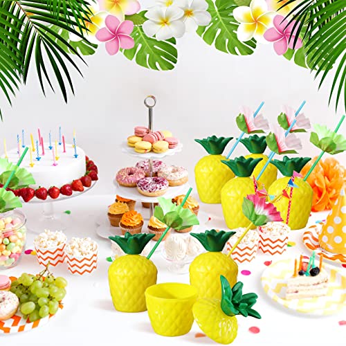 Nuenen 60 Pcs Pineapple Cups Plastic Pineapple Cups With Lids Hibiscus Straws Hawaiian Luau Cups With Palm Leaves Pineapple Drink Cups Tiki Cups For Tropical Luau Aloha Beach Theme Party Supplies #TOP5