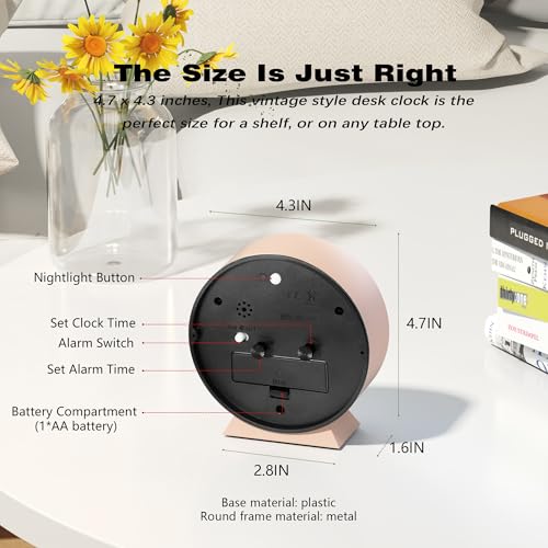 Image of AYRELY 4.5 inch Analog Alarm Clock,Small Retro Desk Clock Battery Operated,Silent Metal Table Clock with Light for Living Room Decor,Bedroom,Bedside,Shelf(Light Pink)