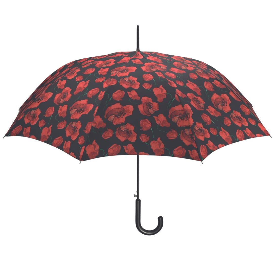 Happy Rain Paraguas de mujer largo- Sistema Antiviento- Ligero-Práctico- Estampado Flores rojas-Diámetro 102cm (Negro)