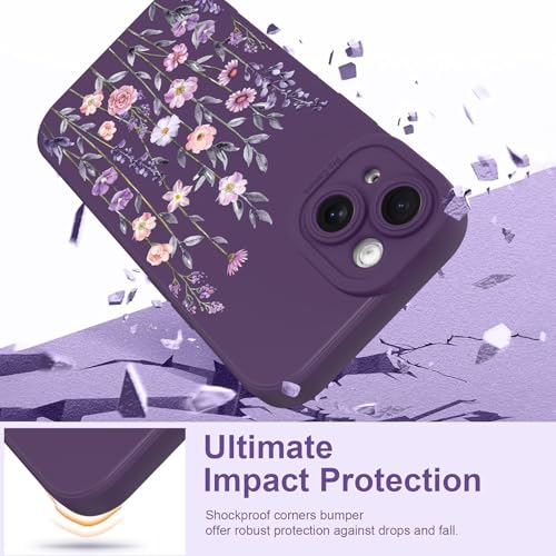 Image of Designed for iPhone 15 Case Flower for Women Girls, Dark Purple | Cute Floral Pattern Liquid Silicone Phone Case [Full Camera Protection] Slim Soft TPU Protective Cover