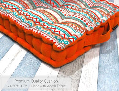 Image of Weaved Quilted Floor Cushion with Cotton Filler Large Size for Seating, Patio Seat, Meditation, Yoga, Pooja, Guests, Living Room, Bedroom (Boho Orange, 60x60x10 CM)