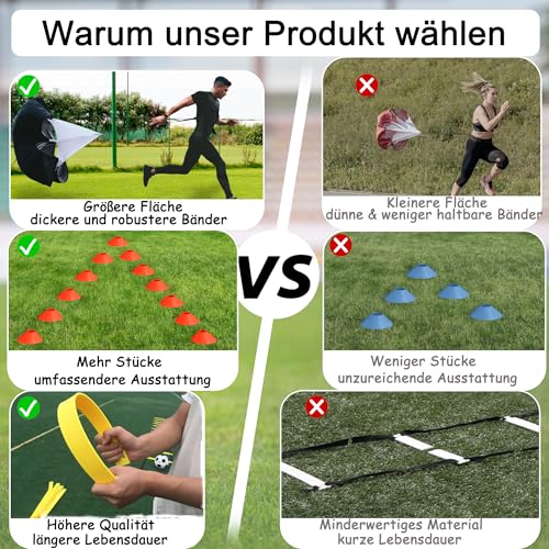 Suusolny Fußball Trainingsset Fussball Trainingszubehör Kinder Fußball Kick Trainer Enthält 6m Koordinationsleiter, 6 verstellbare Hürden, 12 Kegel, Schleppfallschirm & Aufbewahrungstasche