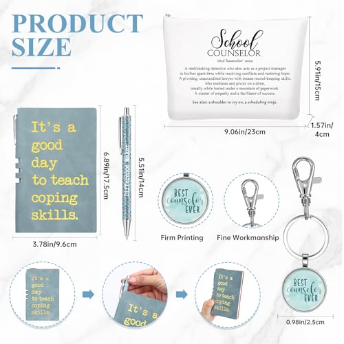 Sunnychicc 5 Pcs School Counselor Gifts for Women 16oz Glass Cup Makeup Bag Leather Notebook Pen Keychain Graduation End of Year Teacher Gift for School Counseling Week Guidance(Blue)