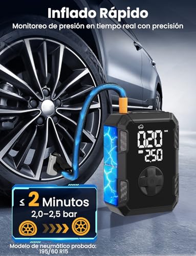 Oasser Compresor Aire Portatil 150 PSI (10,3 Bar) Inflador Ruedas Coche 19mm Cilindro Recargable Pequeño Luz LED Bolsa de Almacenamiento 30 cm Manguera para Coche Moto Bicicleta Pelota - imagen 2