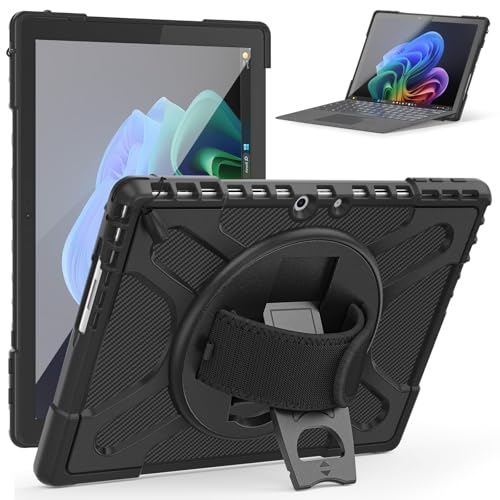 Junfire Case for Microsoft Surface Pro 11 (2024) / 10 / Pro 9 13 inch, Rugged Protective Cover with Kickstand Hand Strap & Pen Holder, Compatible with Type Cover Keyboard, Black