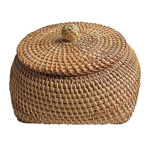 Kivivaka Cesta de mimbre natural hecha a mano con tapa, 16 x 12 cm, caja de mimbre natural, aperitivos, frutas, joyas y decoración del hogar