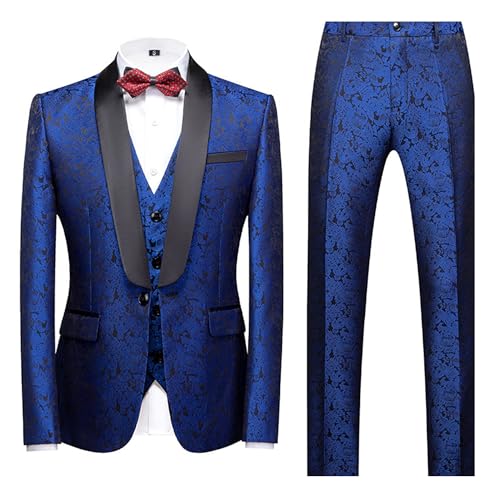 Costume jacquard 3 pièces homme coupe slim avec veste à un bouton gilet et pantalon floral