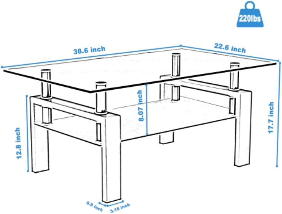 38.6'' Rectangle Glass Coffee Table, Black Coffee Table with Tempered Glass & Metal Legs, 2-Tier Modern Center Table with Storage Shelf, Black Glass Coffee Tables for Living Room, Apartment, Office