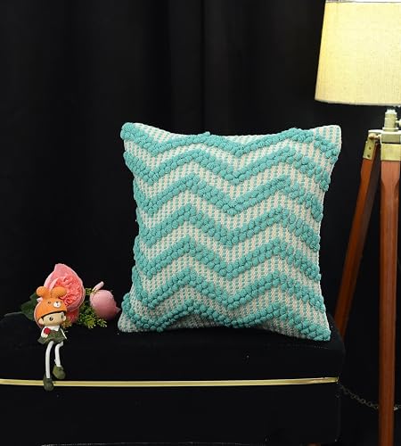 Image of TIB Premium Boho Decorative Throw Cushion Covers, 16 x 16 cm, Set of 2, Cotton. (Zig Zag Blue)-230 TC