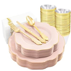 NOCCUR 175PCS Pink Plastic Plates – Pink Plates with Gold Disposable Silverware – Include 50 Plates,25 Knives,25 Forks,25 Spoons,25 Cups and 25 Napkins – Ideal for Wedding, Party&Shower