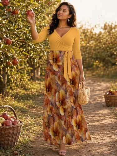 Image of Plus Size Maxi Dress for Women V Neck 3 /4 Sleeve Wrap Dress