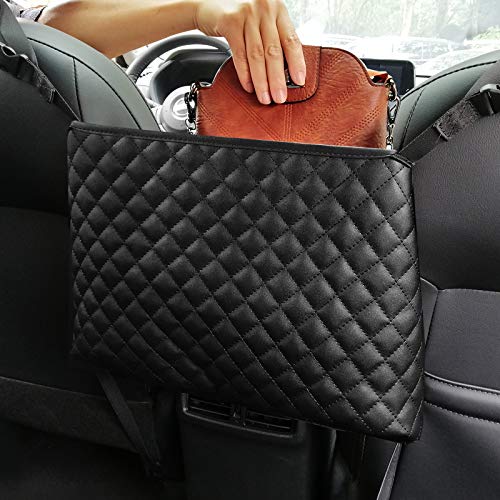 MOETYANG Car Handbag Holder Between Seats, Car Net Pocket Handbag Purse Holder for Storage, Durable Leather Large Front Back Seat Organizer Netting Pouch Pocket Fits Most Vehicles, Jacquard