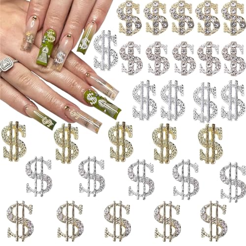 Maigitur 30PCS Money Dollar Nail Charms - Silver and Gold 3D Alloy With Rhinestones for Women Nail Art Decoration DIY Design Crystals Shiny Gem Jewelry Manicure, Small