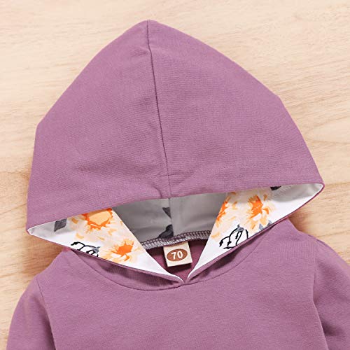 3Pcs Infant Toddler Baby Girl Clothes Long Sleeve Hoodie With Pocket Tops Floral Pants Outfits Set With Headband (Purple, 0-3 Months) #TOP3