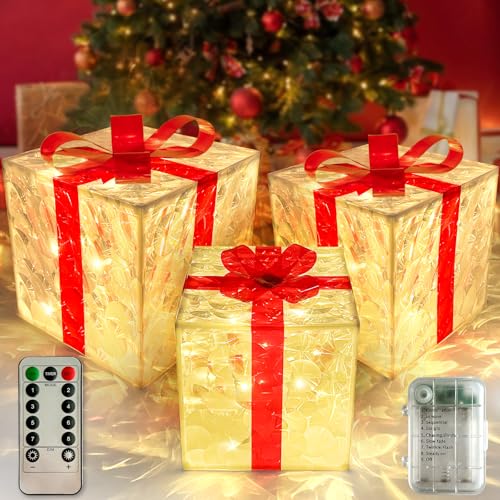 Set of 3 Christmas Lighted Gift Boxes, 60 LED Light Up Present Boxes Ornament Decorations with Ribbons for Christams Tree Yard Lawn Home Xmas Decorations Outside, Warm White