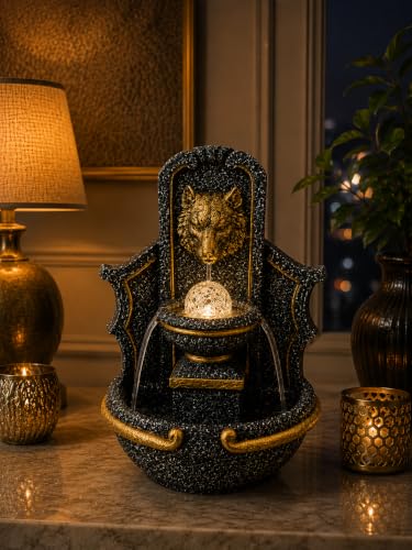 Image of eCraftIndia Tiger Water Fountain for Home Decor, Tabletop Indoor Waterfall Fountain with LED Light Effect, Decorative Spiritual Fountain for Living Room, Bedroom, Office & Meditation