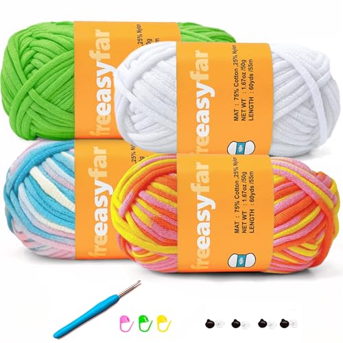 Image of 4x50g Beginner Easy Yarn Kit for Crocheting and Knitting; Worsted-Weight Medium #4;Crocheting and Knitting kit with Tool Set (Sunglow+Blue+Green+White, 4 Skein)