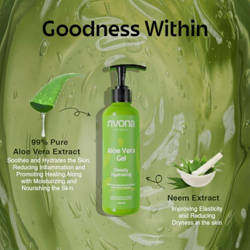 Image of Rivona Naturals 99% Pure Organic Aloe Vera Gel with Neem | For Face, Skin & Hair | Hydrating, Moisturizing & Soothing | Multipurpose Gel for Men & Women (125ml)