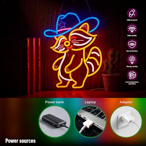 Image of Cowboy Racoon Neon Sign Raccoon Neon Light Cowboy LED Sign USB Powered Dimmable Art Signs for Bar Pub Store Man Cave Kids Room 16.2 X 12.6 inch