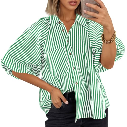 Image of Tankaneo Womens Short Puff Sleeve Button Down Shirts Striped Trendy Casual Loose Fit Blouse V Neck Collared Tops