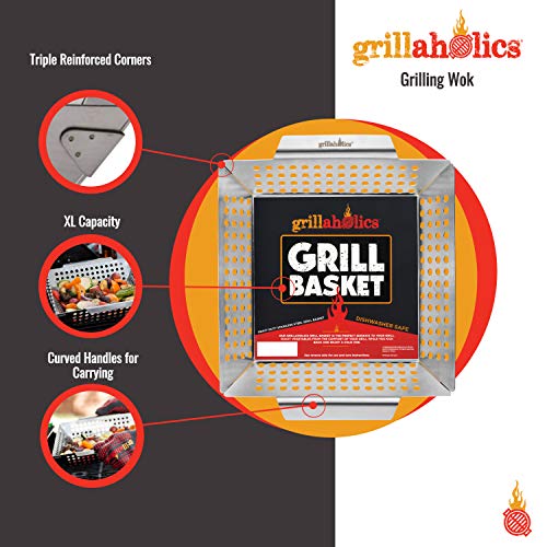Grillaholics Stainless Steel Grill Wok - Large Capacity BBQ Vegetable Grilling Basket - Thumbnail 2