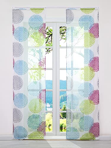 ESLIR 2er Set Flächenvorhänge Schiebegardinen Voile Gardinen mit Klettband Schiebevorhang mit Klettschiene Transparent Vorhang Kreis Muster Bunt BxH 57x225cm 2 Stück